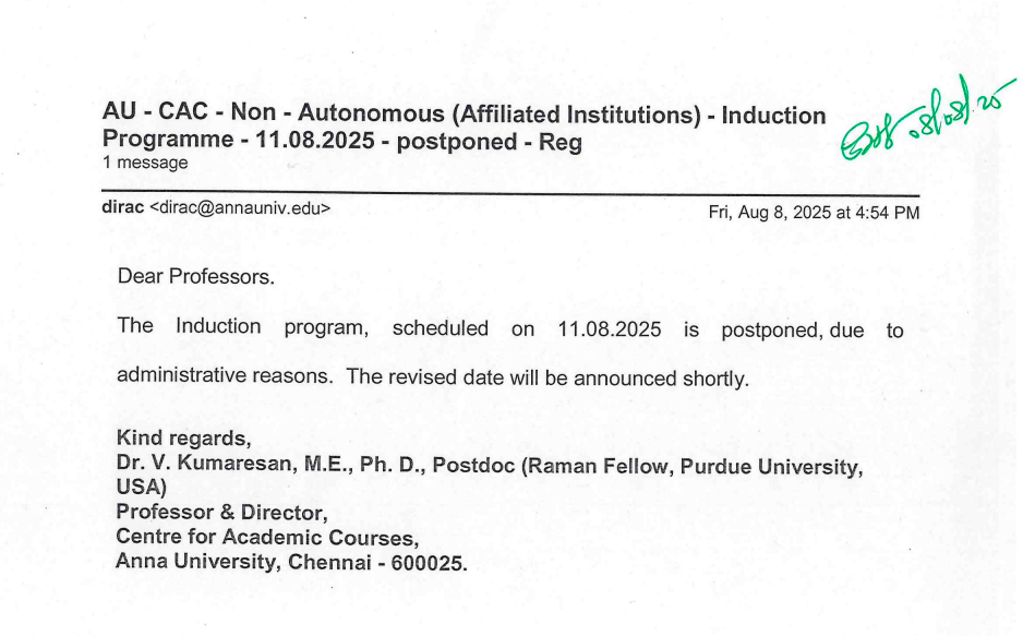 Induction Programme Postponed